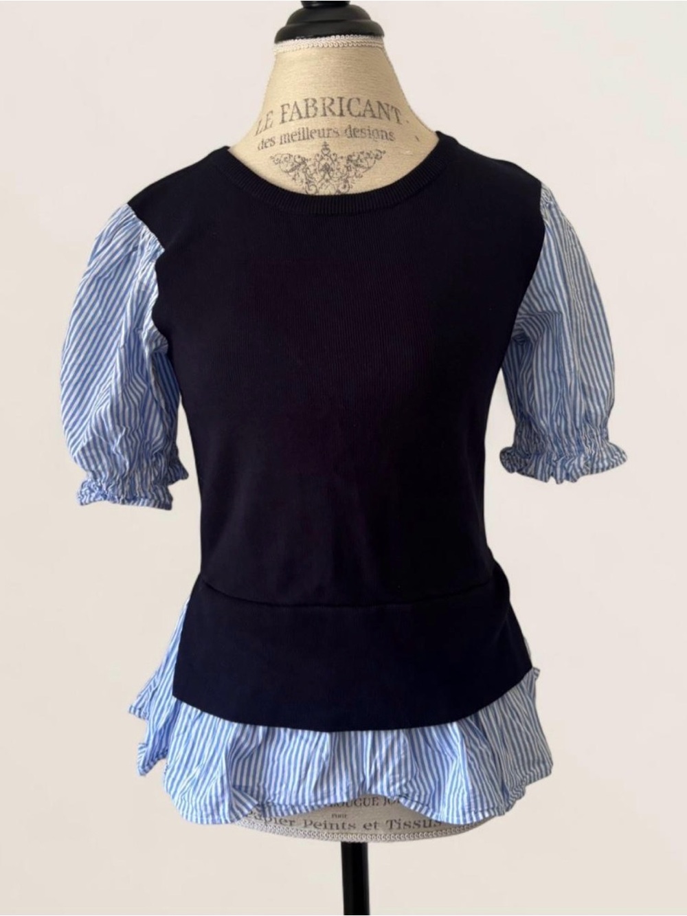 Anthropologie Navy Knit Top with Blue-White Striped Poplin Sleeves